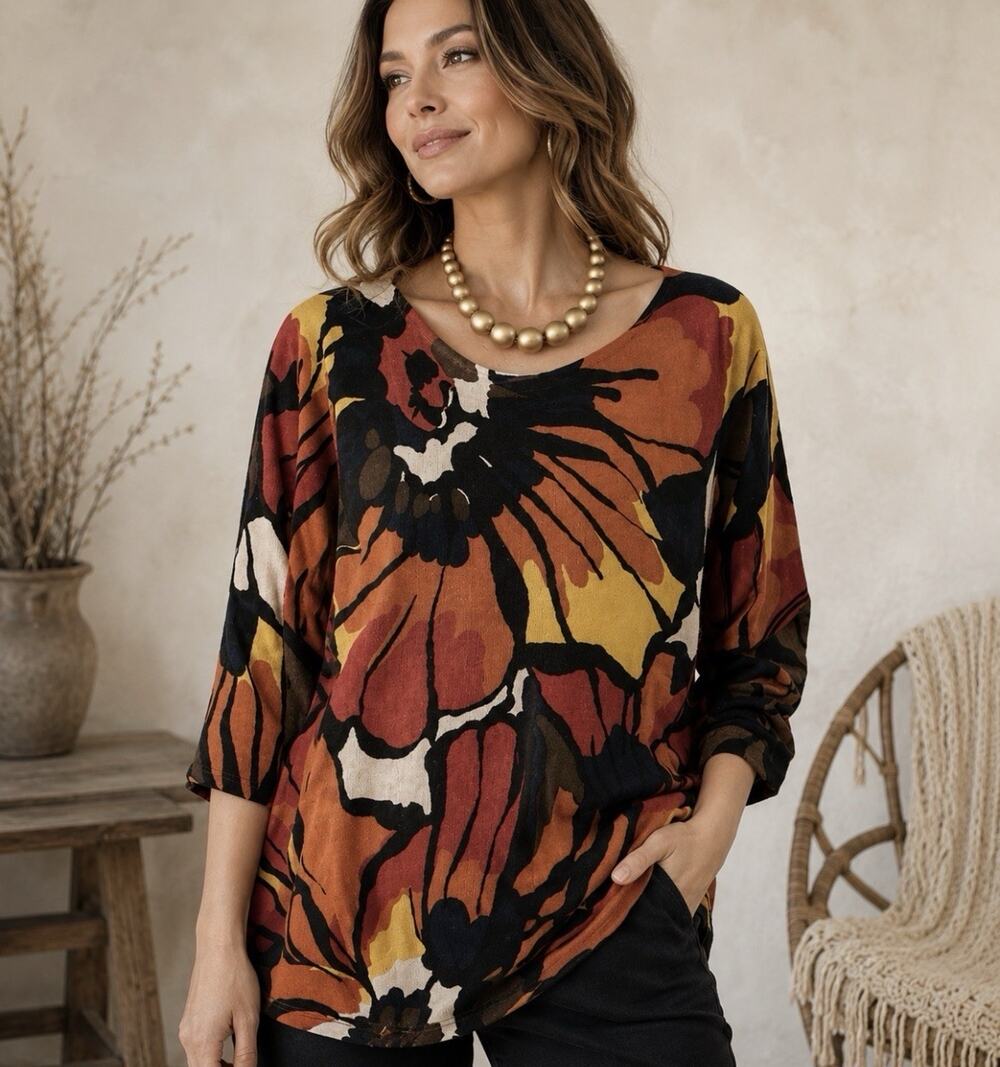 Chico’s Sz 3 (XL 16) Vibrant Artsy Floral LS Cashmere Career Sweater